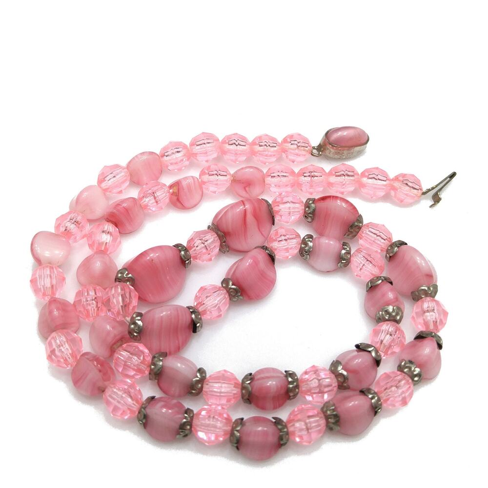 Czech Glass & Thermoset Beaded Necklace, Pink Art Glass Beads, 1940s